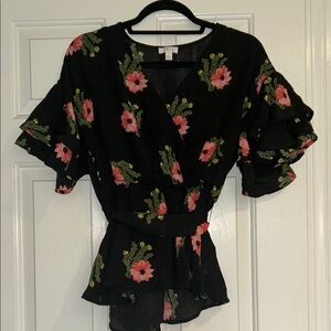 Floral Black Wrap Top